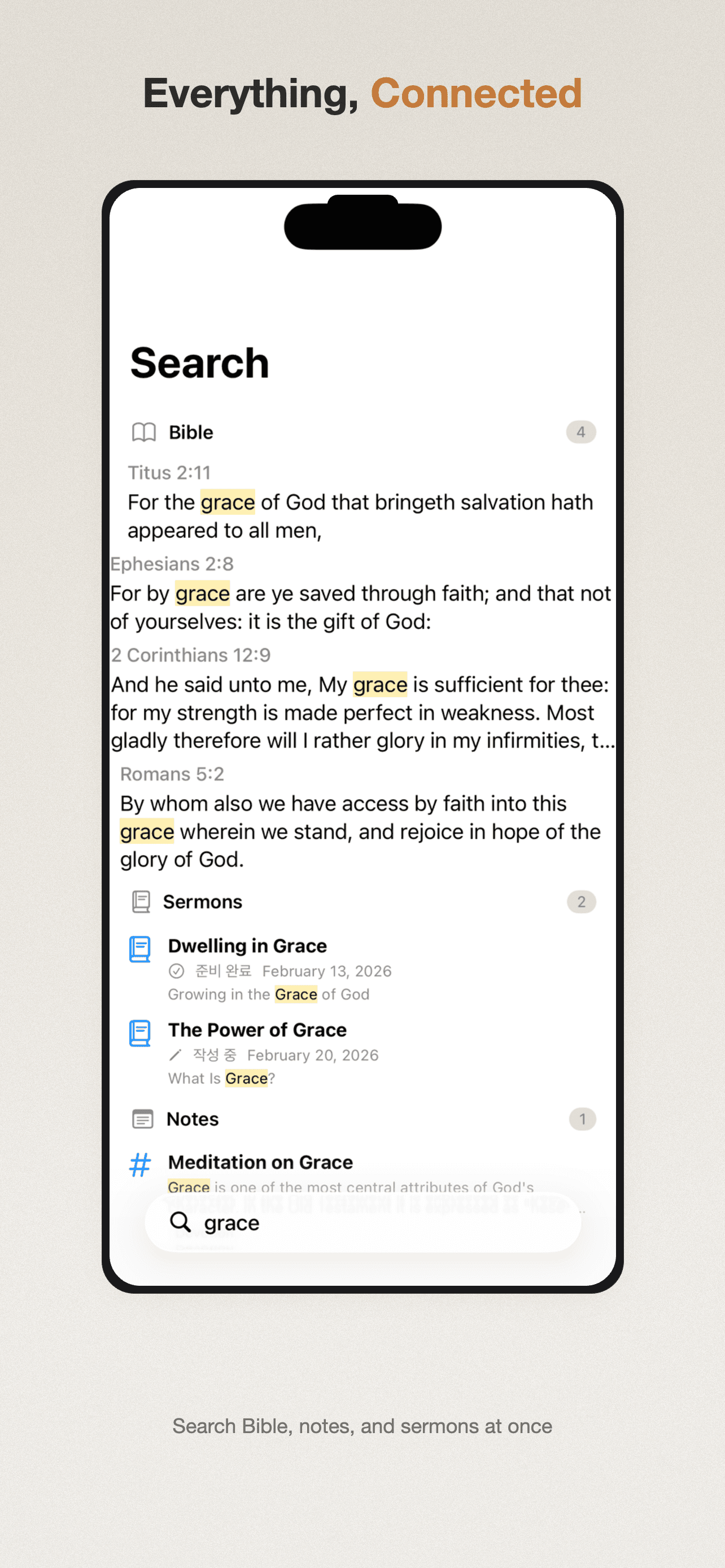 Search Bible, notes, and sermons at once